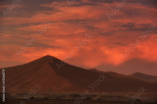 Sossusvlei salt pan with high red sand dunes in Namib desert  Namibia  Africa.