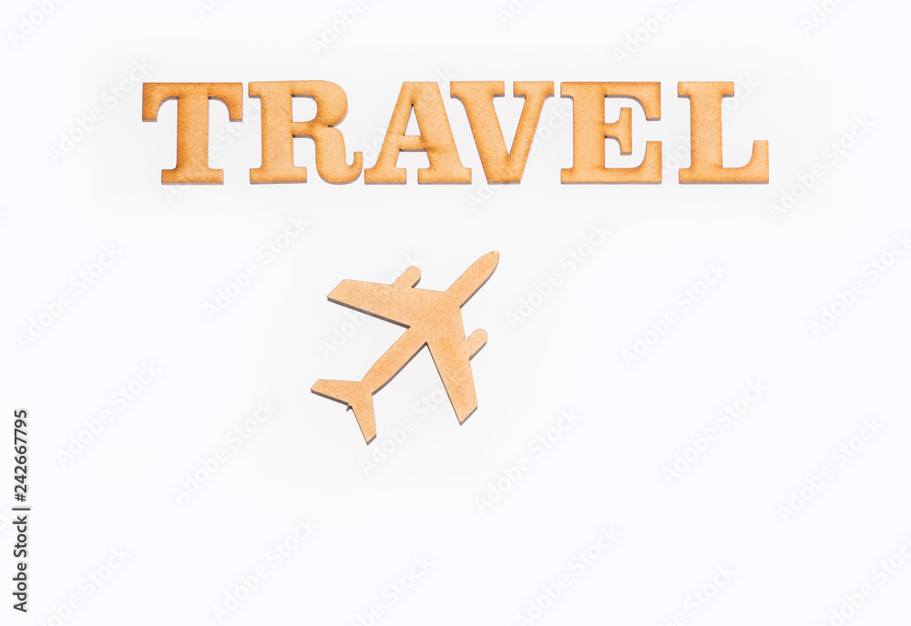 Flat design of travel concept with airplane and letters - Traveling concept. White background Flat design of travel concept with airplane and letters - Traveling concept. White background
