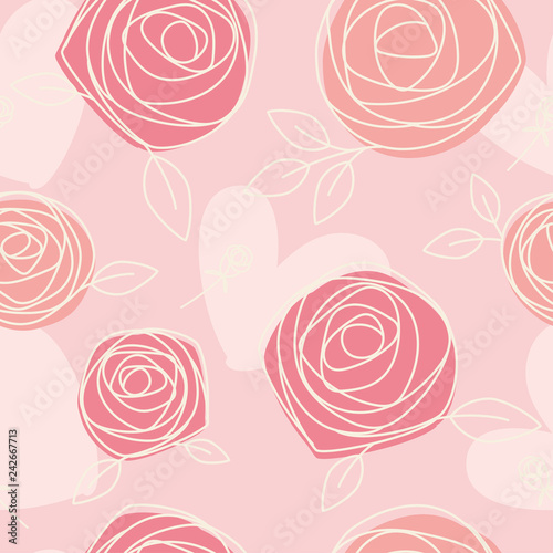 Seamless pattern of hand drawn roses and hearts