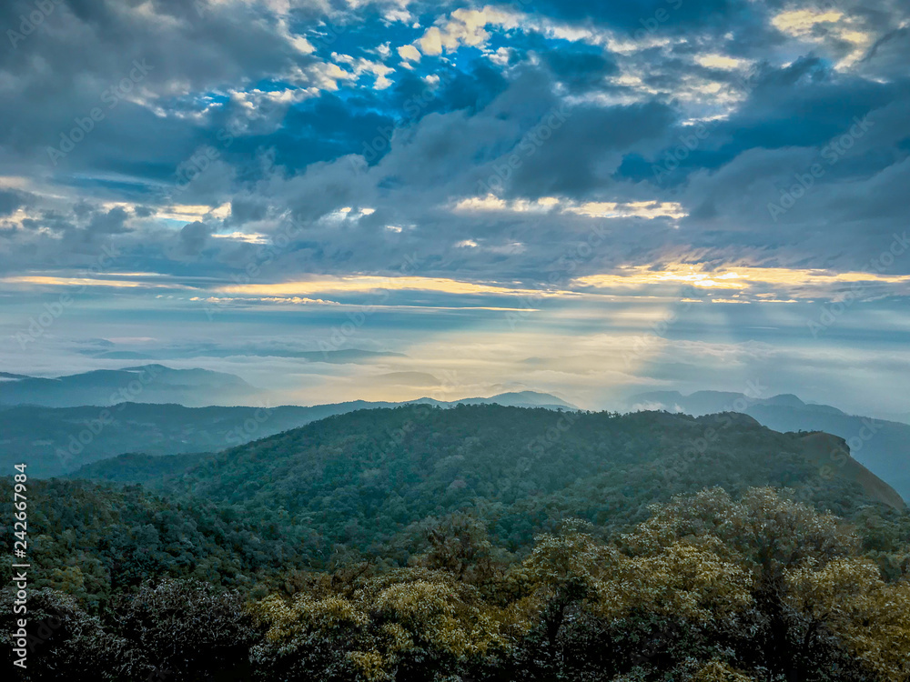 light ray and cloud on top of the mountain at Chaing mai, Thailand