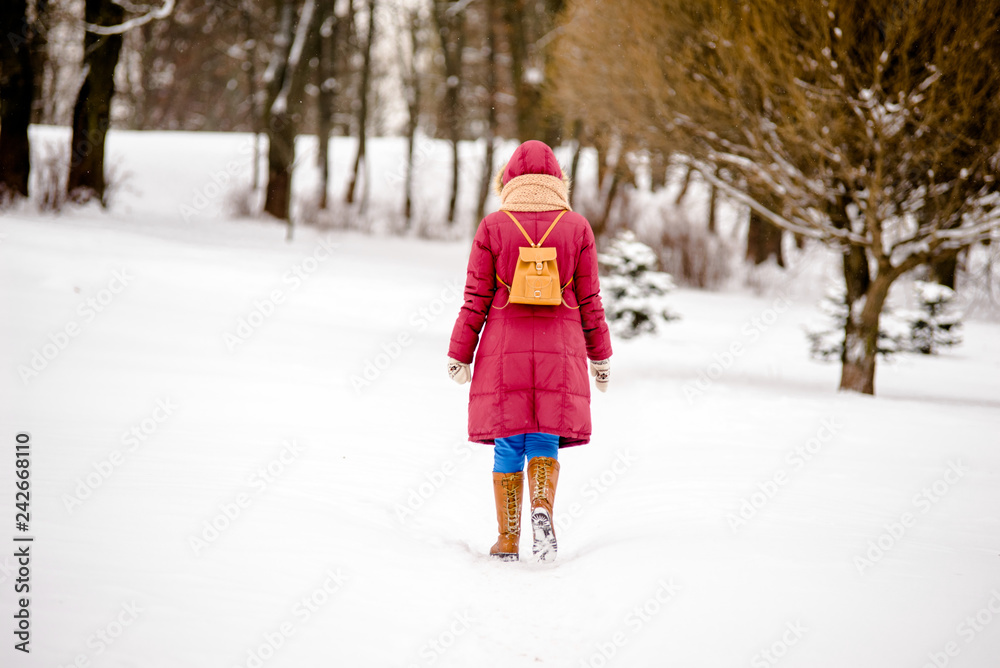The girl walks along the path in the winter Park 