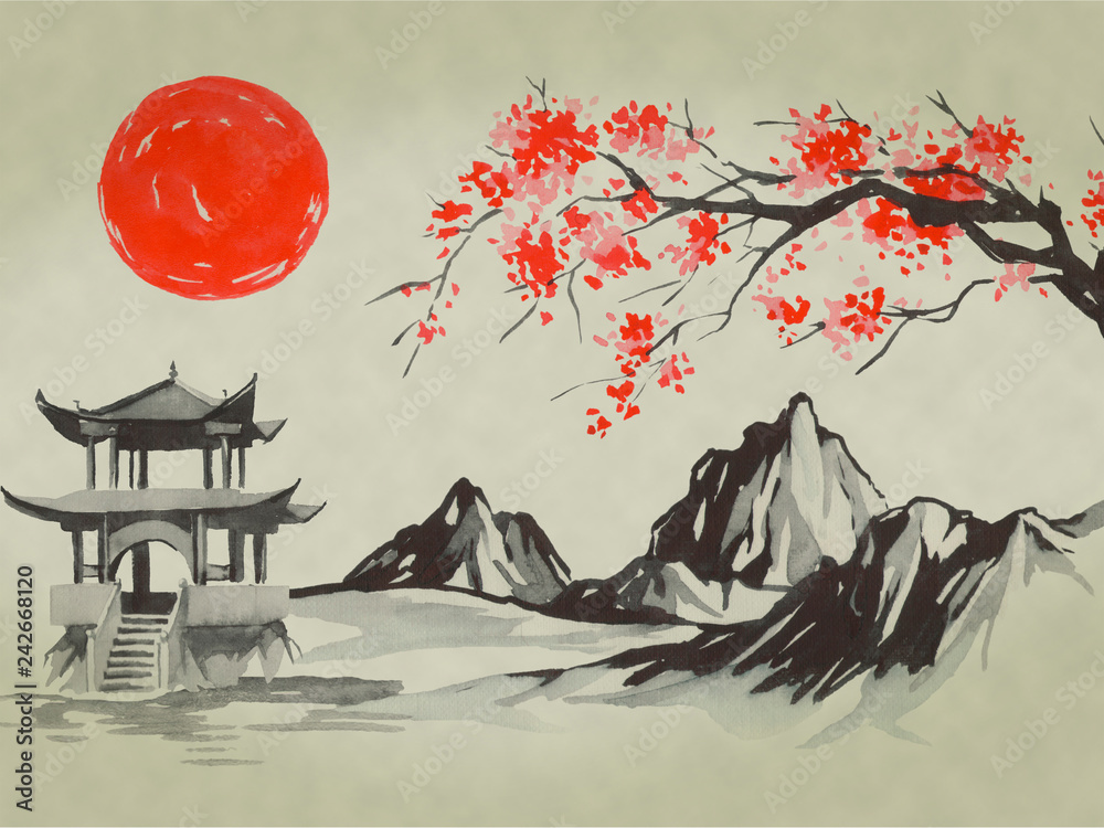 Japan traditional sumi-e painting. Watercolor and ink illustration in ...