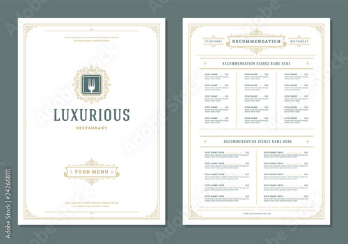 Restaurant menu design and label vector brochure template.