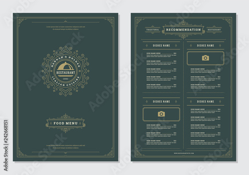 Restaurant menu design and label vector brochure template.