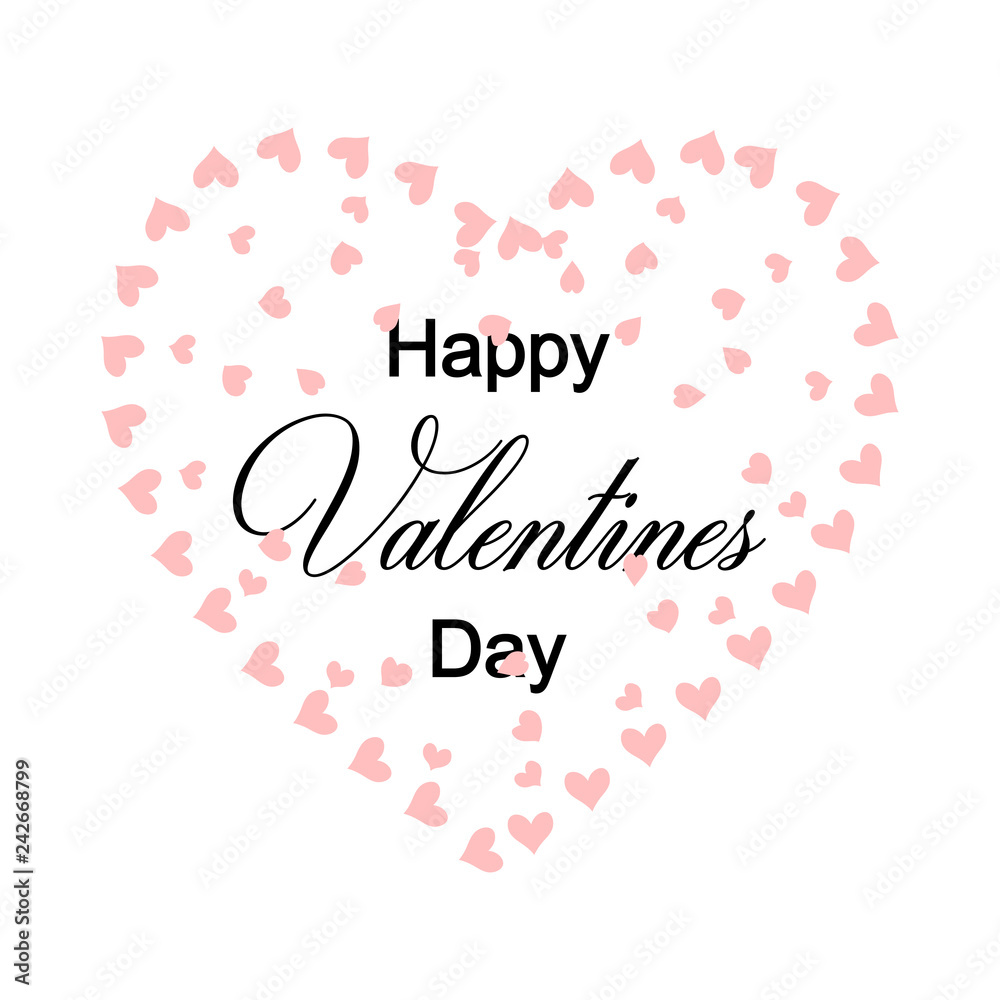 Happy Valentines Day lettering with petals in the form of hearts. Valentine's Day design element. Isolated on white background. Vector illustration.