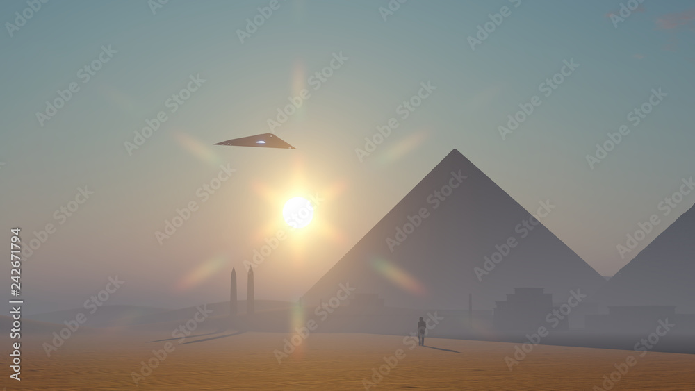 3d UFO hanging in the sky over the ancient pyramidsv

