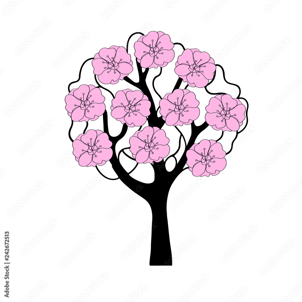 Black and white tree silhouette on white background. Pink flowers on crown - plum, peach and cherry. Isolated icon. Spring Vector illustration.