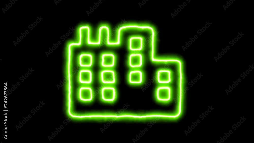 The appearance of the green neon symbol city. Flicker, In - Out. Alpha channel Premultiplied - Matted with color black