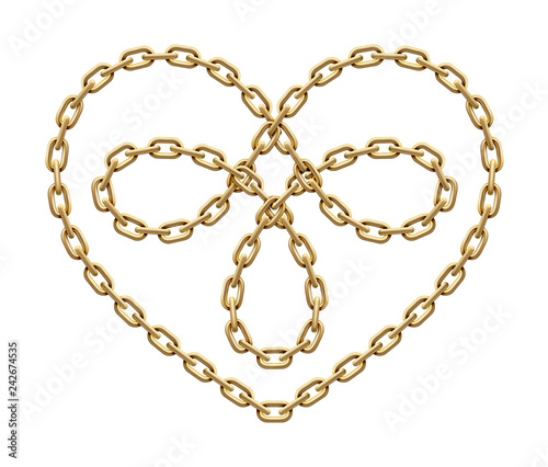 Heart symbol made of golden chains. Triple love sign. Vector illustration.