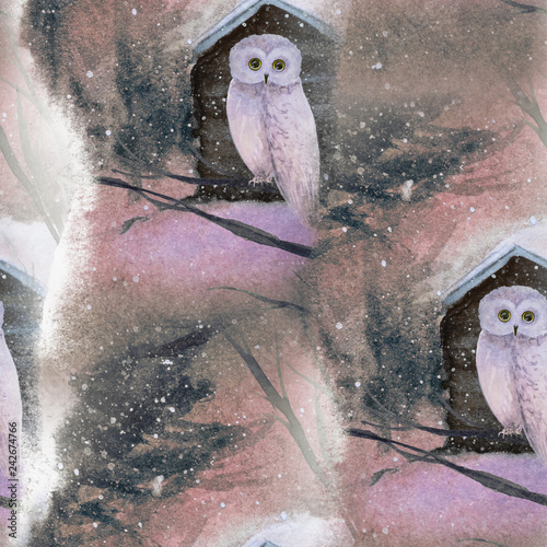hand drawn watercolor seamless pattern with owl in forest © NataliaArkusha