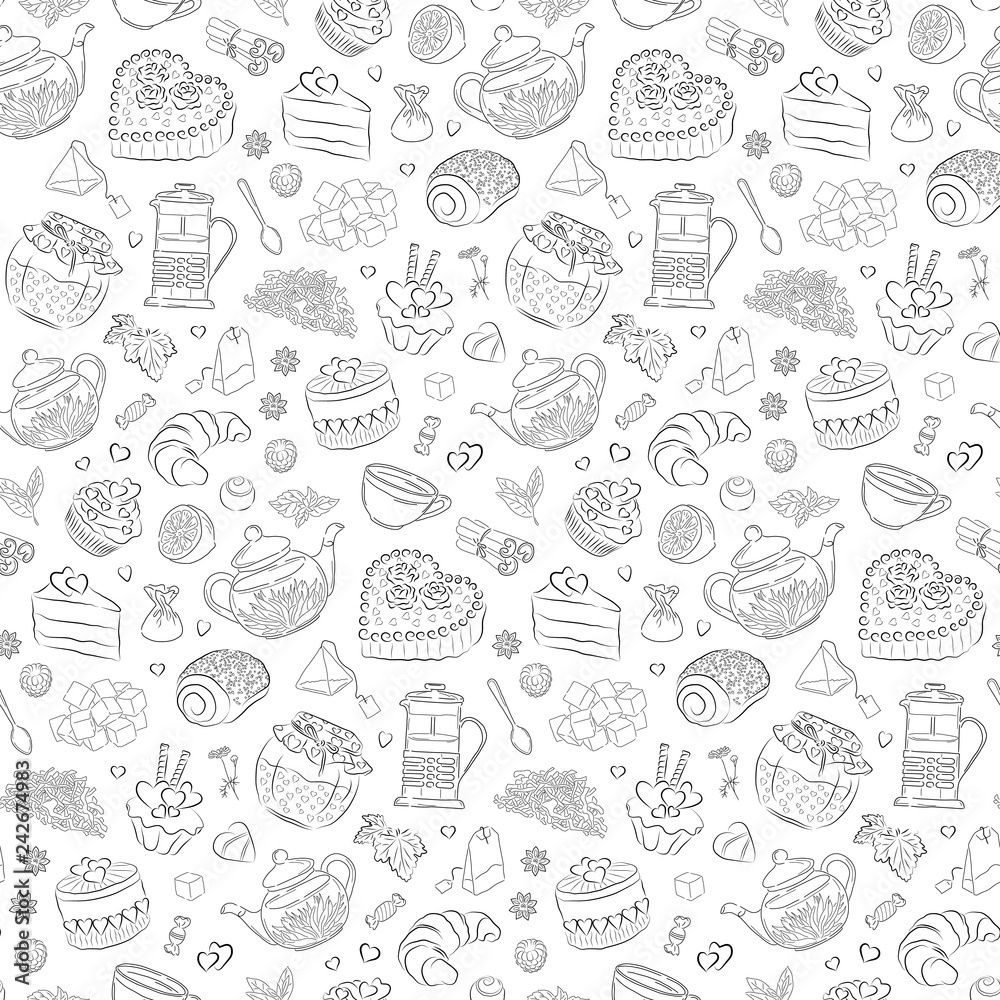 seamless pattern with tea, hearts and sweets