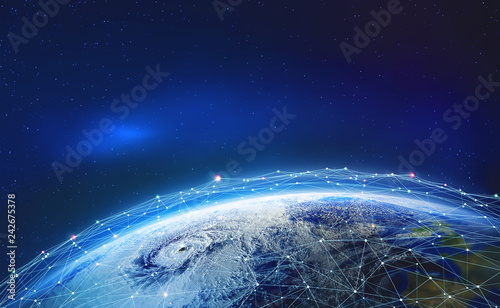 Fototapeta Naklejka Na Ścianę i Meble -  Earth view from space. Global network. Blockchain technology. Planet and communication. Future world 3D illustration. Elements of this image are furnished by NASA