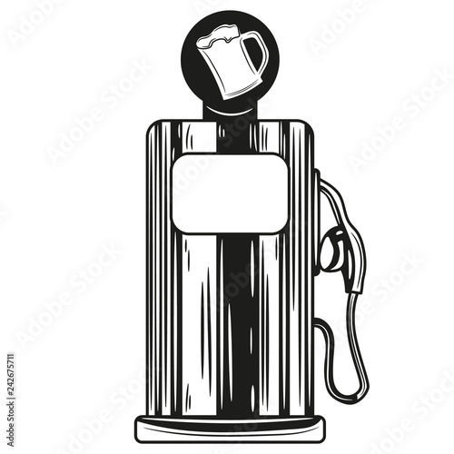 Design element for beer pub. Vector vintage illustration. Beer pump, Beer Station in monochrome style.