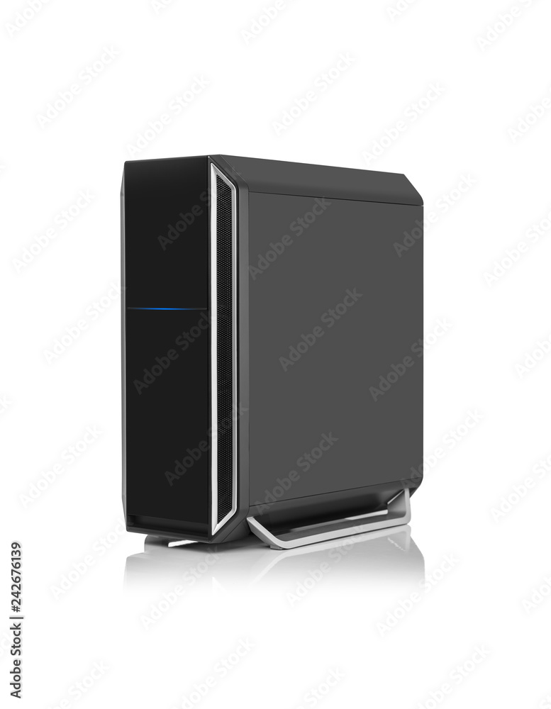 Modern computer system unit on a white background.