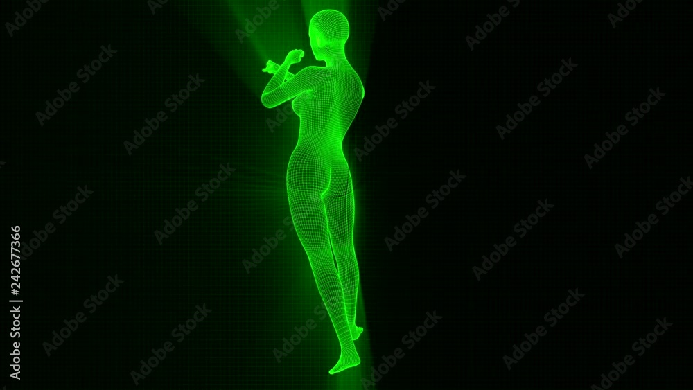 4K Futuristic Wireframe Android AI Shine Woman Fighting Seamless Loop