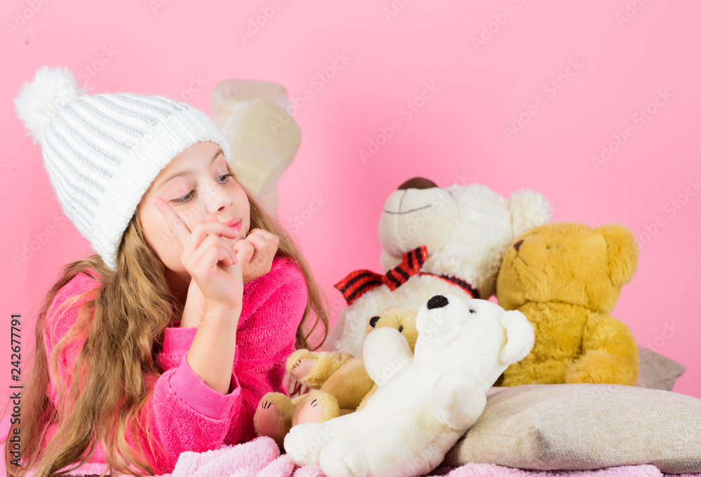 Kid little girl play with soft toy teddy bear pink background. Bears toys collection. Teddy bears improve psychological wellbeing. Softness is key. Child small girl playful hold teddy bear plush toy Kid little girl play with soft toy teddy bear pink background. Bears toys collection. Teddy bears improve psychological wellbeing. Softness is key. Child small girl playful hold teddy bear plush toy