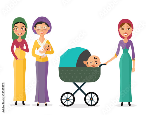 Happy jewish woman with a newborn baby mother with children flat cartoon vector illustration eps10 