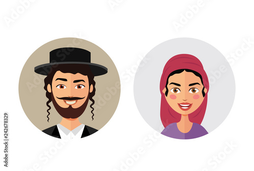 Jewish man and woman avatars users icon  people flat cartoon vector isolated on white 
