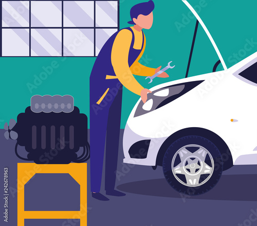 car in maintenance workshop with mechanic working