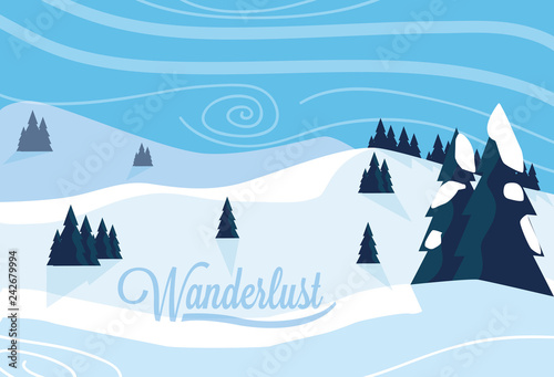 wanderlust poster with snowscape scene