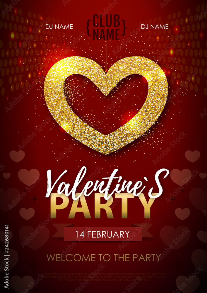 Happy Valentines day disco party poster. Golden sparkle love heart symbol Happy Valentines day disco party poster. Golden sparkle love heart symbol