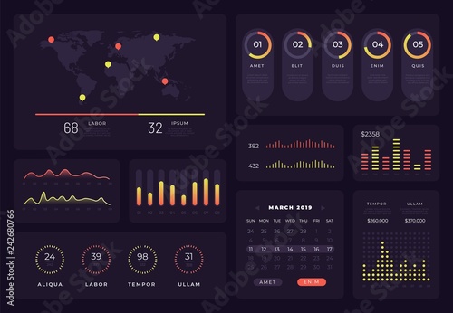 Tech chart infographic. Futuristic HUD diagrams, holographic data bars, abstract graphs. Vector dark infographic design elements