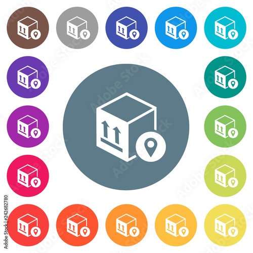 Package tracking flat white icons on round color backgrounds