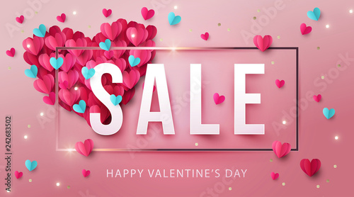 Happy Valentine's Day Sale background, banner, poster or flyer design with pink and blue origami hearts and gold glitter. Paper art, digital craft style. Vector illustration