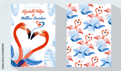 Wedding marriage event invitation card set template. Exotic flamingo and tropical palm leaves, plants. Vector design templates. Design element for card, poster, banner, and other use
