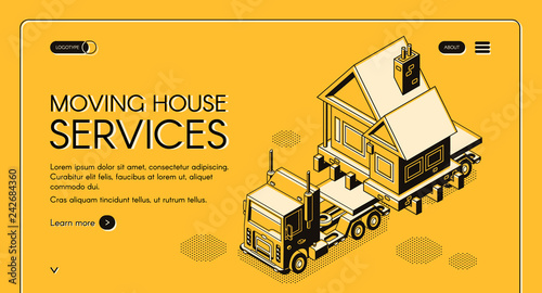 Moving house works online service isometric vector web banner. Cargo truck carrying whole cottage house on freight platform on new place line art illustration. Transport company landing page template