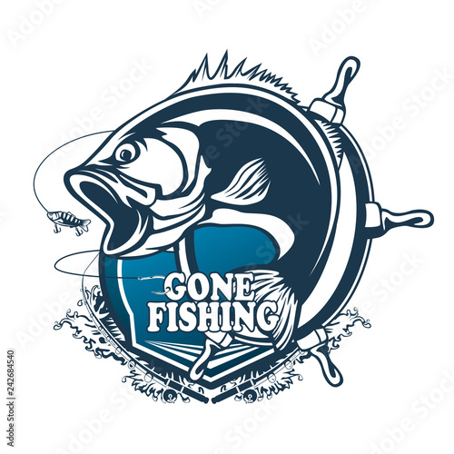Fishing bass logo. Bass fish with rod club emblem. Fishing theme illustration. Fish Isolated on white.