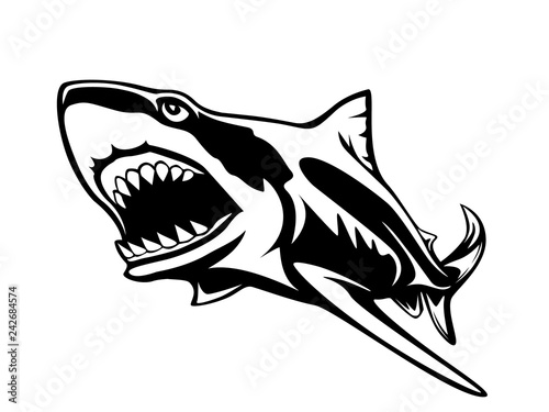 Toothy great white shark fishing logo. Strong shark fishing sports mascot emblem. Angry fish vector background.