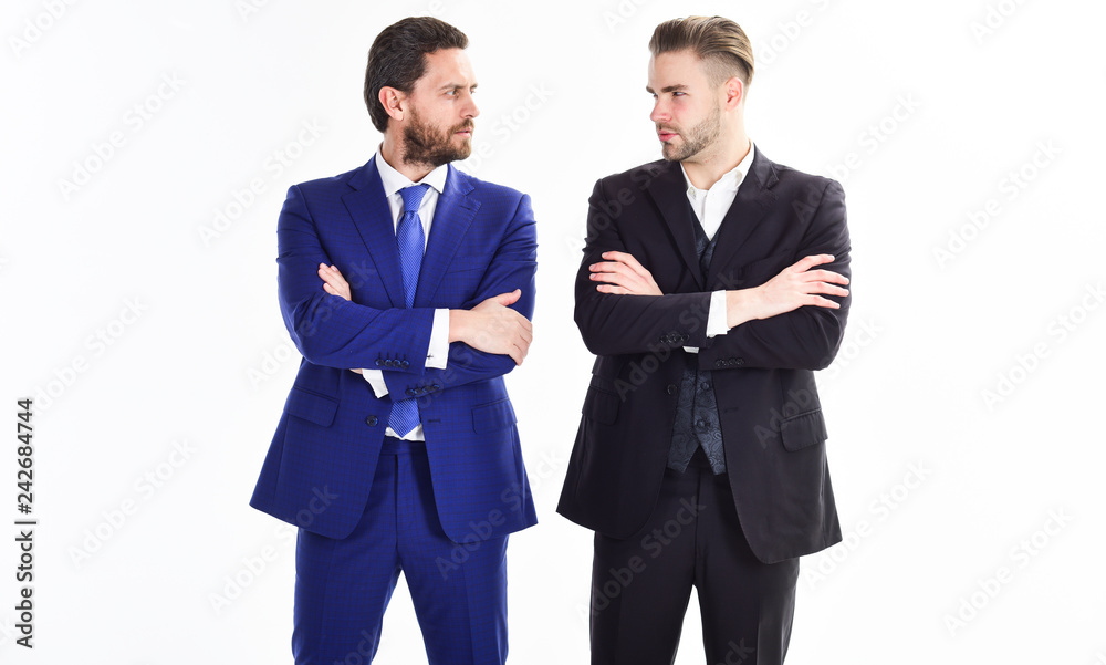 Business leaders of department. Men businessman formal suit stand confidently with crossed arms white background. Confident business bosses. Join business team. Trust and support. Build business team Business leaders of department. Men businessman formal suit stand confidently with crossed arms white background. Confident business bosses. Join business team. Trust and support. Build business team