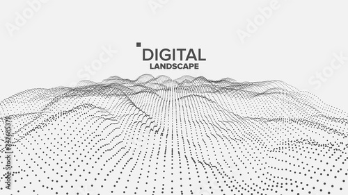 Digital Landscape Vector. Data Technology. Wave Mountain. Tech Surface. Dot Land. Geometric Data. 3D Illustration