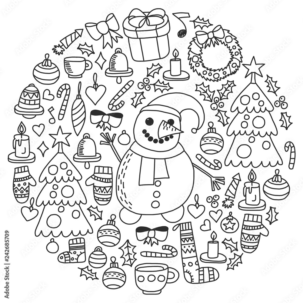 Christmas, holiday, winter, vector illustration. New Year's pattern, children's drawings with a teacher, frame.