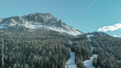 Canvas-taulu Aerial view of dolomites alps in winter with forest and lake.