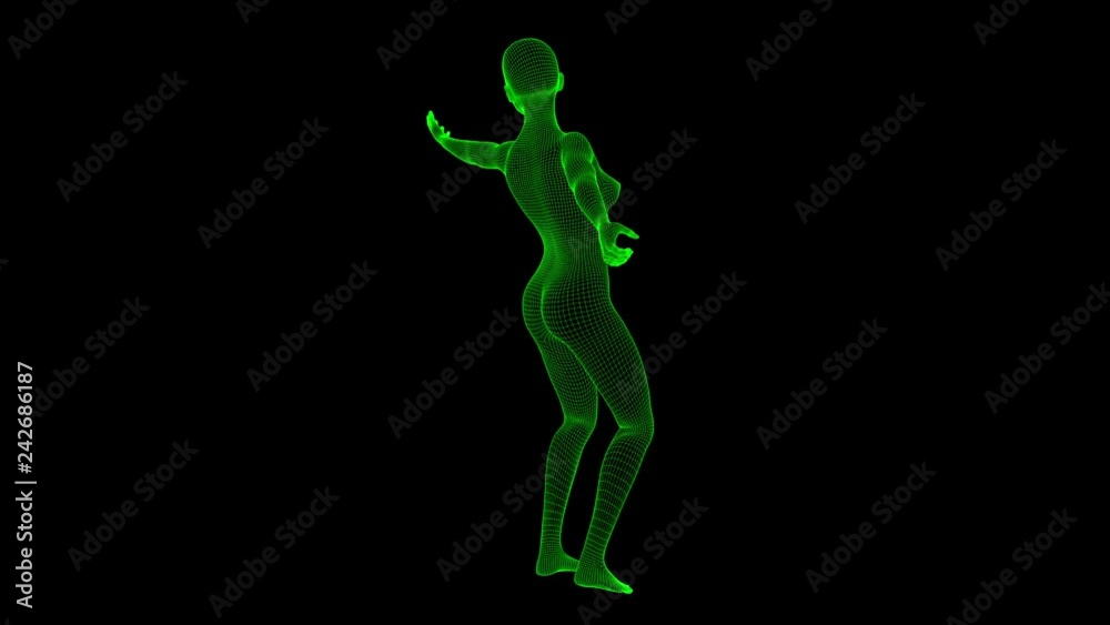 4K Futuristic Wireframe Android AI Woman Playing Tennis Seamless Loop