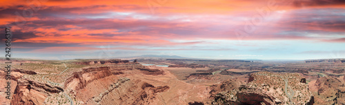 Aerial panorama of Dead Horse in Canyonlands at dusk  Utah. Amazing view on a hot summer day