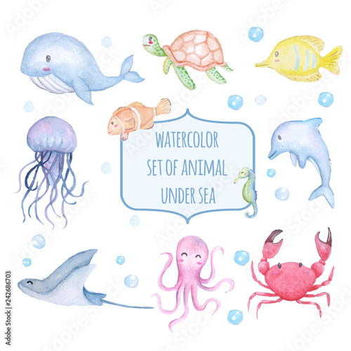 set of watercolor cute animal under sea