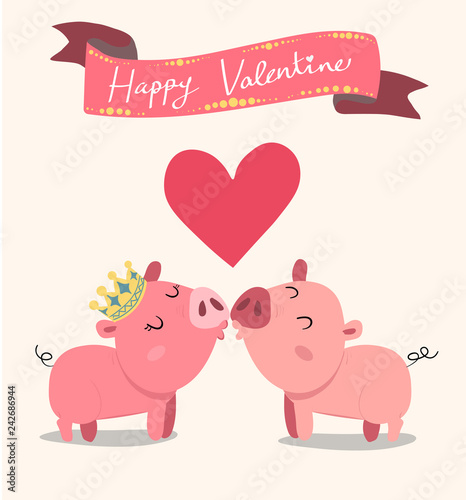 cute couple pink pigs kissing, valentine card