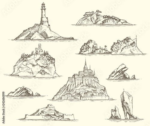 Vector set of island sketches isolated on beige background in retro style. Pencil drawings of the Islands with rocks, fortresses, buildings, lighthouse. Nautical theme