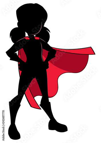 Full length illustration of super heroine girl wearing cape and superhero costume.