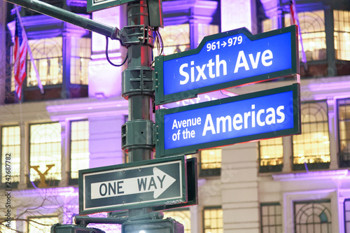 Photography Sixth Avenue - Avenue of the Americas sign at night in Manhattan, New York City