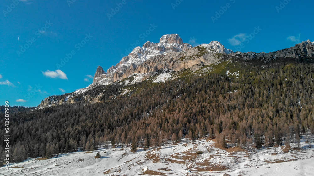 Mountains and valleys of Misurina, aerial view of italian alps