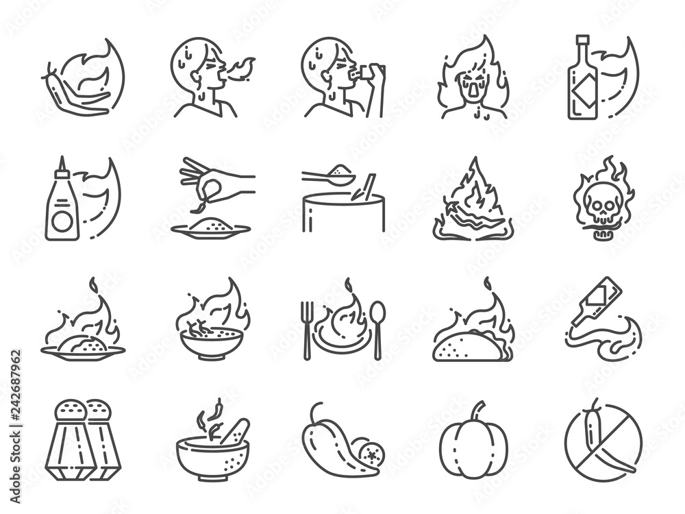 Fototapeta premium Spicy line icon set. Included the icons as Tom yum kung, Chili, Ghost pepper, seasoning, flavor, hot and more.