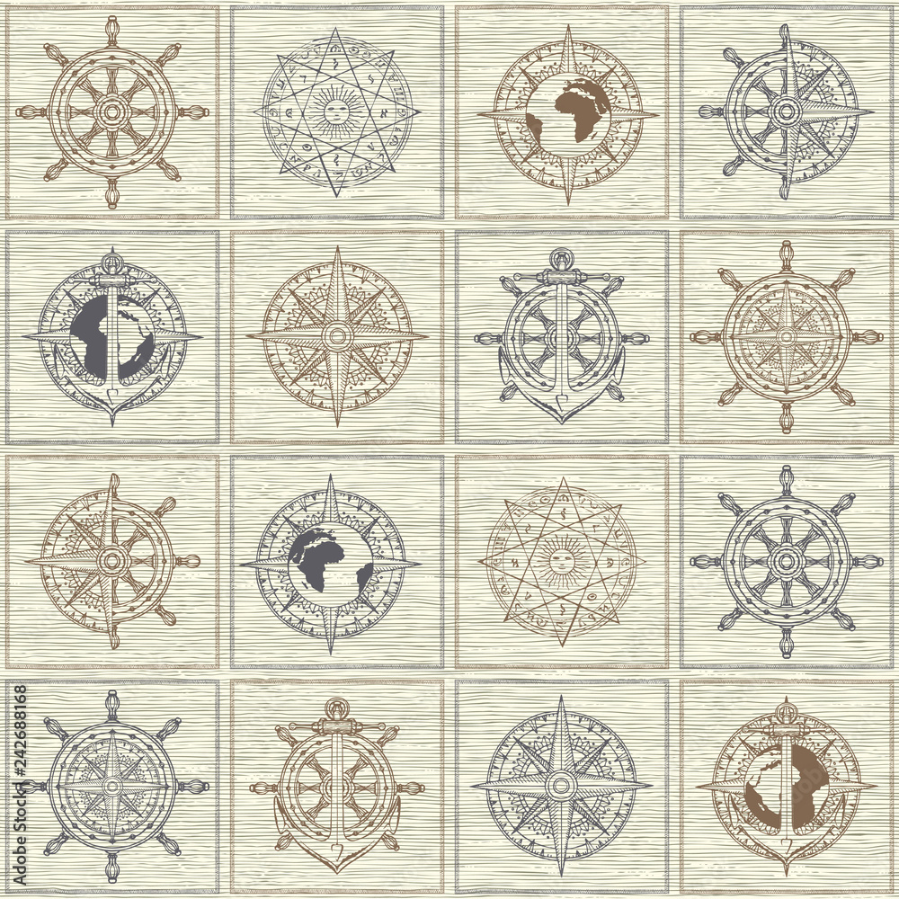 Fototapeta premium Vector seamless background on the theme of nautical travel, adventure and discovery. Wind roses, ship anchors, compasses, helms and other nautical symbols on the checkered background in vintage style