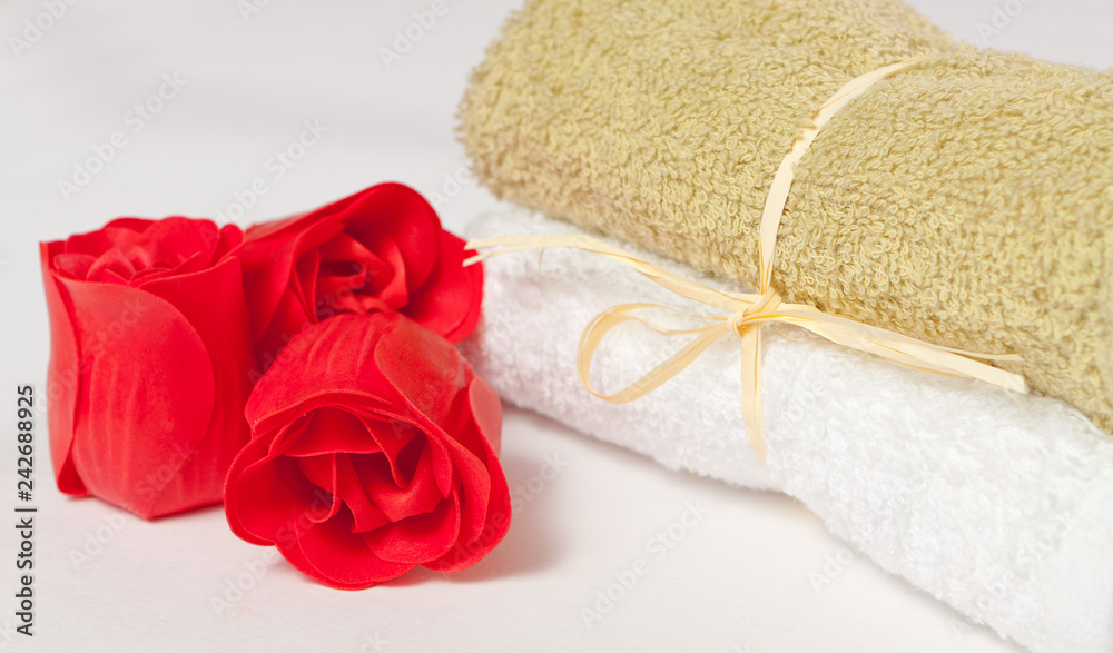 bath soap in the form of roses and towels for a relaxing bath soap in the form of roses and towels for a relaxing