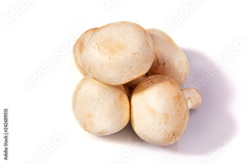 Mushrooms champignons lie on a white isolated background