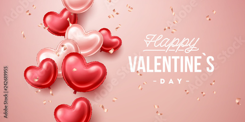 Valentines Day background with heart shaped balloons. Holiday vector illustration