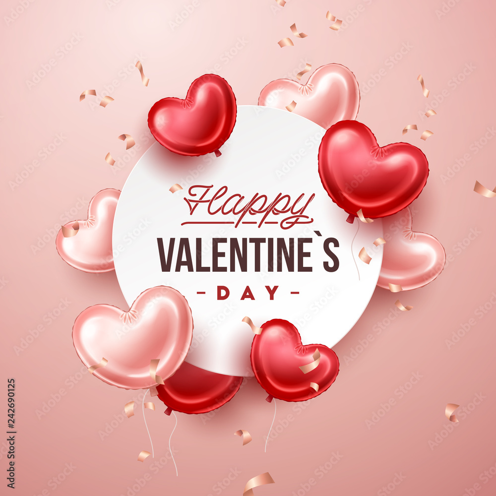 Valentines Day banner with heart shaped balloons. Holiday vector illustration banner - obrazy, fototapety, plakaty 